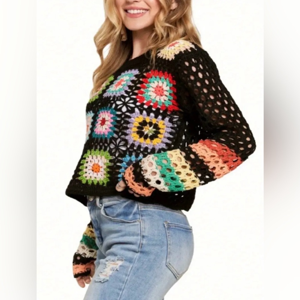 BLACK Granny Square Cropped Sweater - Picture 2 of 3